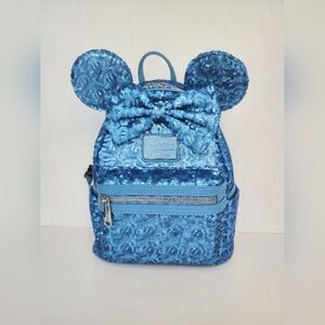 Disney Parks Loungefly Blue Sequin  Hydrangea Mini Backpack